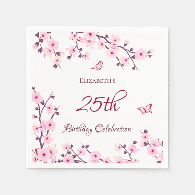 Cherry Blossom Pink White Custom Birthday Napkin (Front)