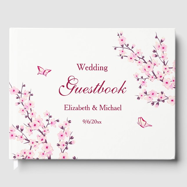 Cherry Blossom Pink White Custom Wedding Guest Book (Front)