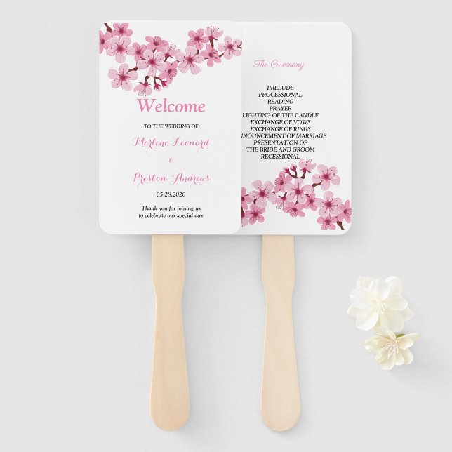 Cherry Blossom Pink White  flora Wedding Program Hand Fan (Front and Back)