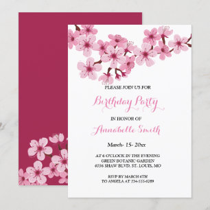 Cherry Blossom Pink White floral Birthday Party Invitation