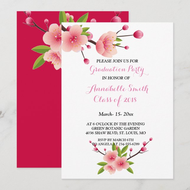 Cherry Blossom Pink White  floral Graduation Party Invitation (Front/Back)