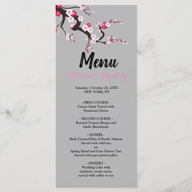 Cherry Blossom Pink White  floral  Wedding Menu (Front)