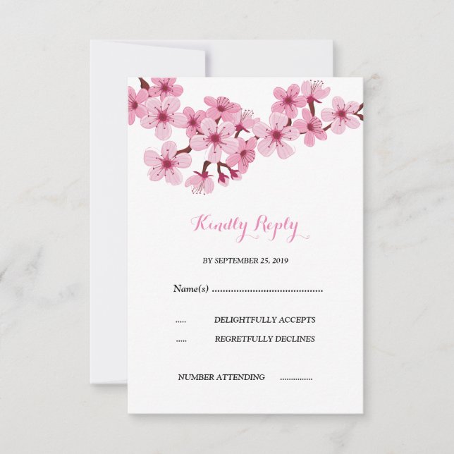 Cherry Blossom Pink White  floral  Wedding RSVP (Front)