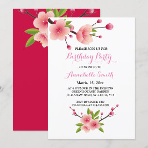 Cherry Blossom Pink White green floral Birthday Invitation