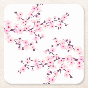 Cherry Blossom Pink White Square Paper Coaster