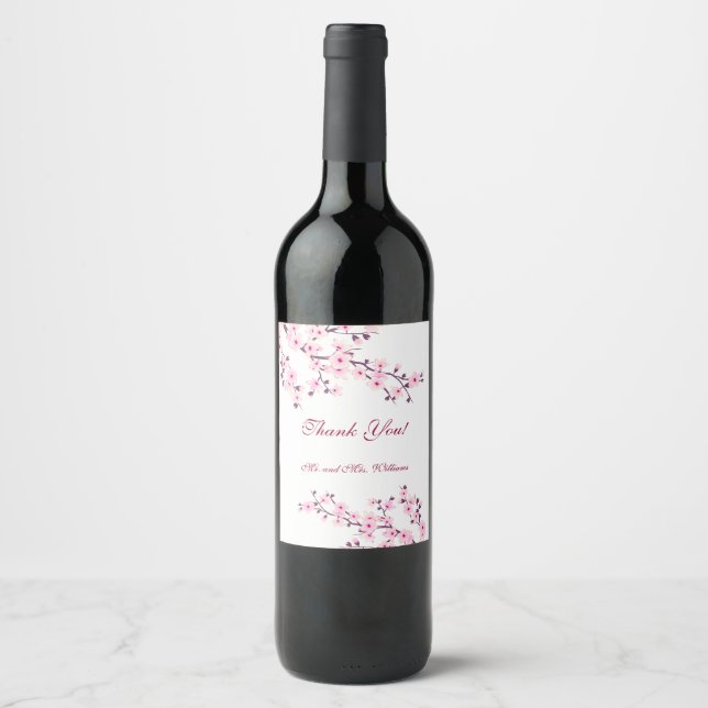 Cherry Blossom Pink White Wedding Custom Thank You Wine Label (Front)