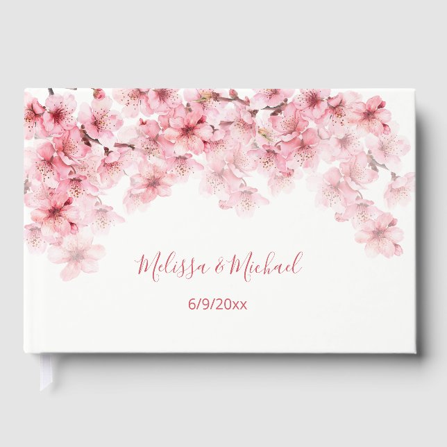 Cherry Blossom Pink White Wedding Guest Book (Front)