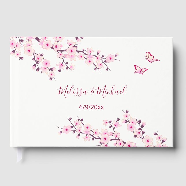 Cherry Blossom Pink White Wedding Guest Book (Front)