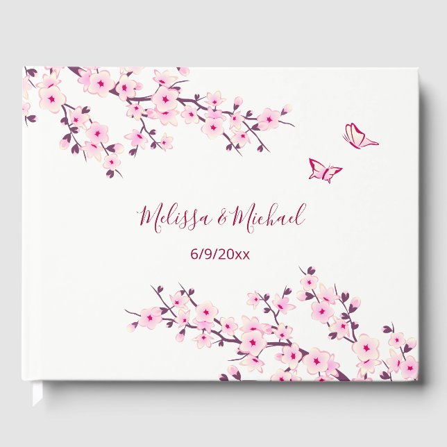 Cherry Blossom Pink White Wedding Guest Book (Front)