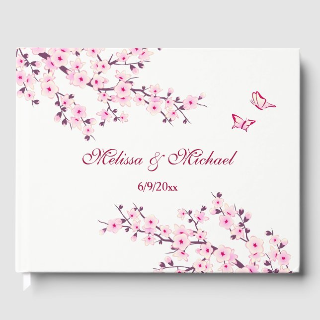Cherry Blossom Pink White Wedding Guest Book (Front)