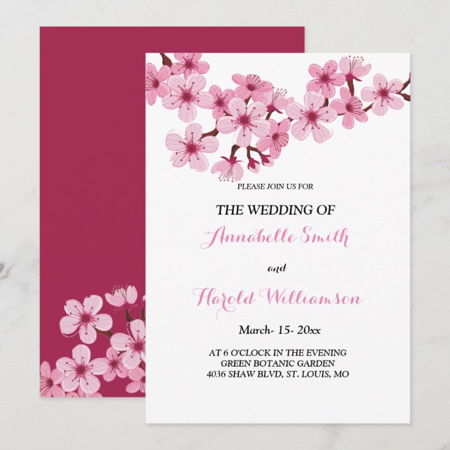 Cherry Blossom Pink White Wedding Invitation (Front/Back)