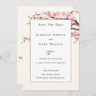 Cherry Blossom Pink White Wedding Invitation Beige
