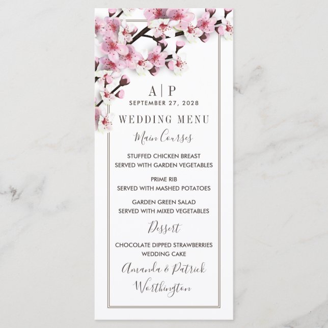 Cherry Blossom Pink White Wedding Menu Cards (Front)
