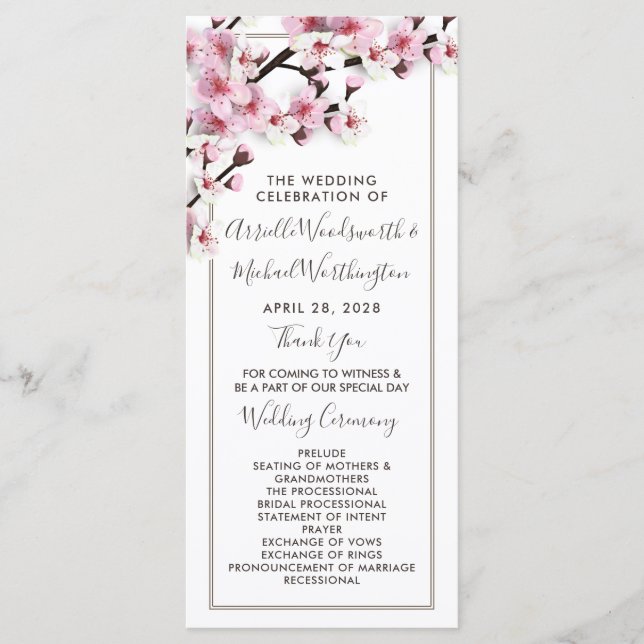 Cherry Blossom Pink White Wedding Programs Programme (Front)