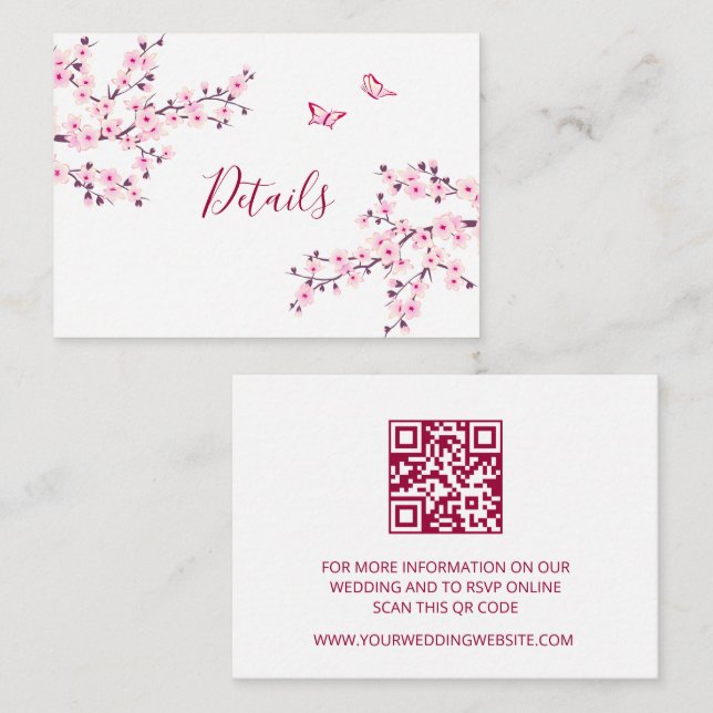 Cherry Blossom Pink White Wedding QR Code Details Enclosure Card (Front/Back)