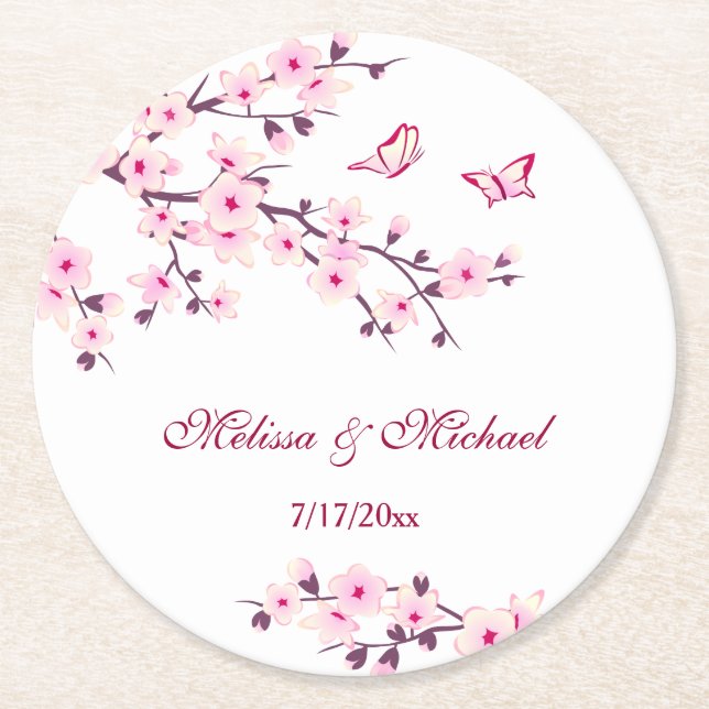 Cherry Blossom Pink White Wedding Round Paper Coaster (Front)