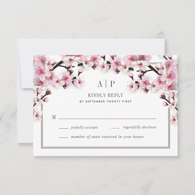 Cherry Blossom Pink White Wedding RSVP Cards (Front)
