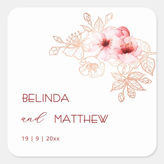 Cherry Blossom Pink White Wedding Square Sticker (Front)