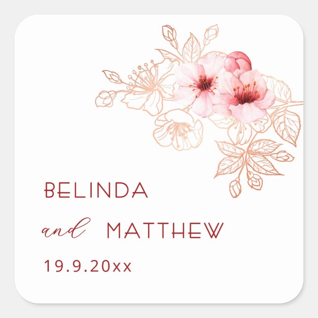 Cherry Blossom Pink White Wedding Square Sticker (Front)