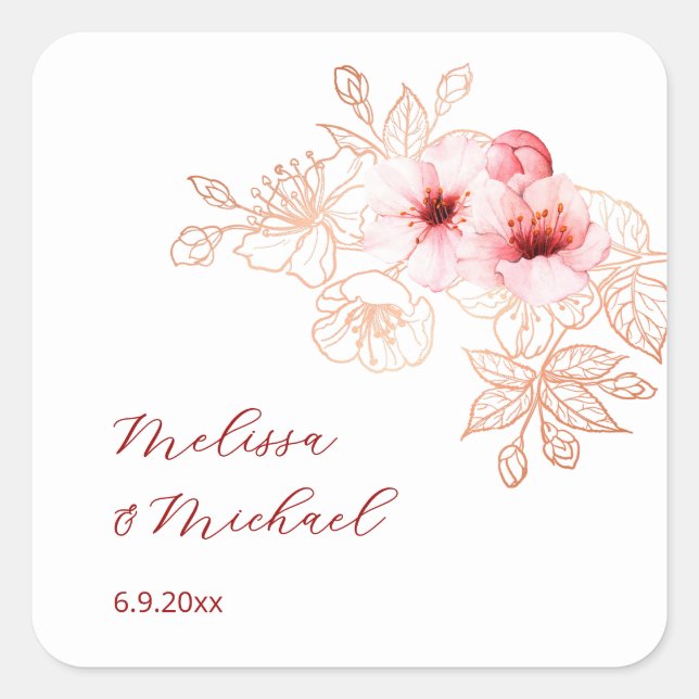 Cherry Blossom Pink White Wedding Square Sticker (Front)