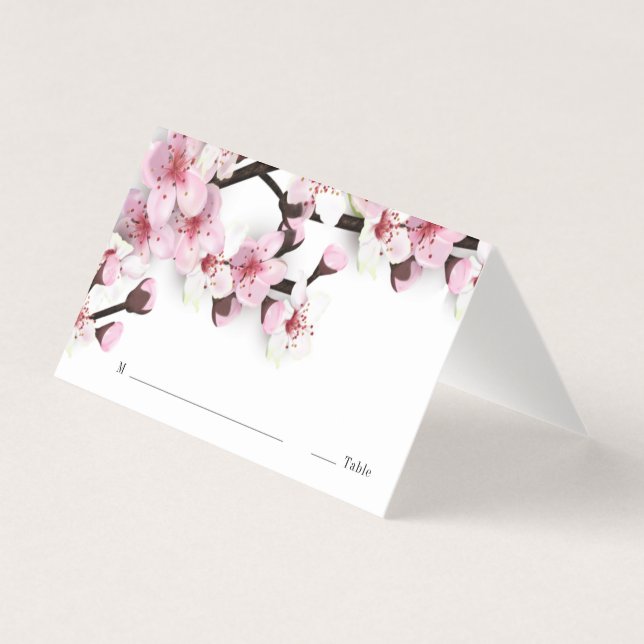 Cherry Blossom Pink White Wedding Tent Place Cards (Front)