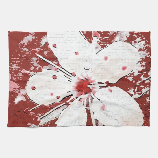 Cherry blossom poetry red white elegant sakura  tea towel (Horizontal)