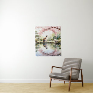 Cherry Blossom Pond Reflection Scene Tapestry