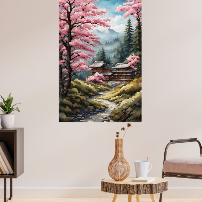 Cherry Blossom Poster, Japanese Forest Watercolor Poster (Living Room 3)