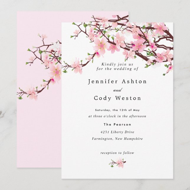 Cherry Blossom Pretty Pale Pink Wedding Invitation (Front/Back)