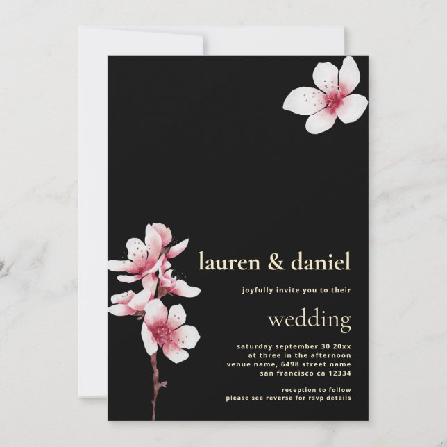 Cherry Blossom QR Champagne Gold Black Invitation (Front)