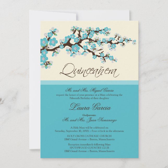Cherry Blossom Quinceanera Invitation (aqua) (Front)