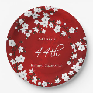 Cherry Blossom  Red Black And White Birthday  Paper Plate