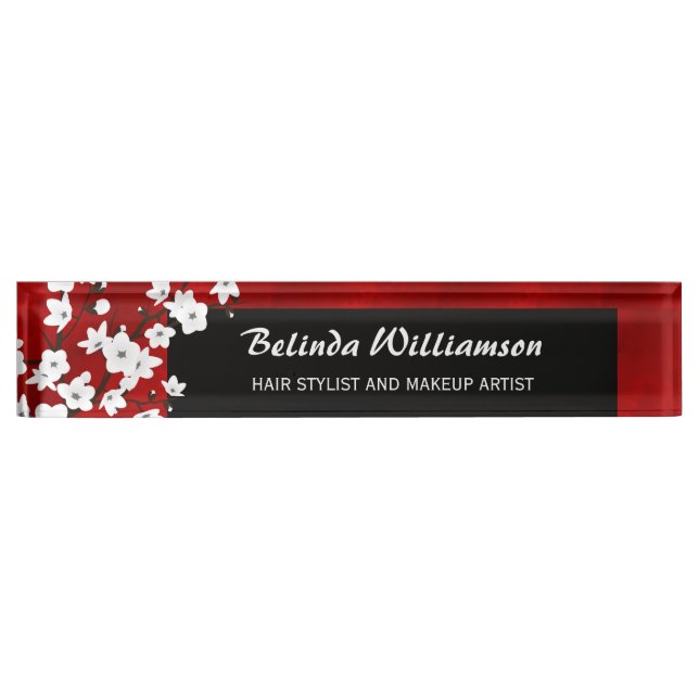 Cherry Blossom Red Black And White Hair And Makeup Nameplate (Front)