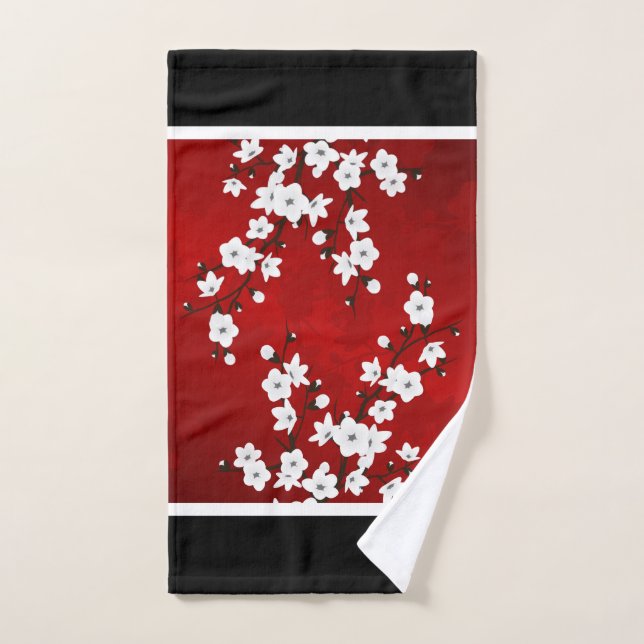 Cherry Blossom Red Black White Floral Hand Towel (Hand Towel)