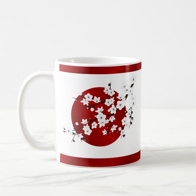 Cherry Blossom Red Black White Rising Sun Coffee Mug (Left)