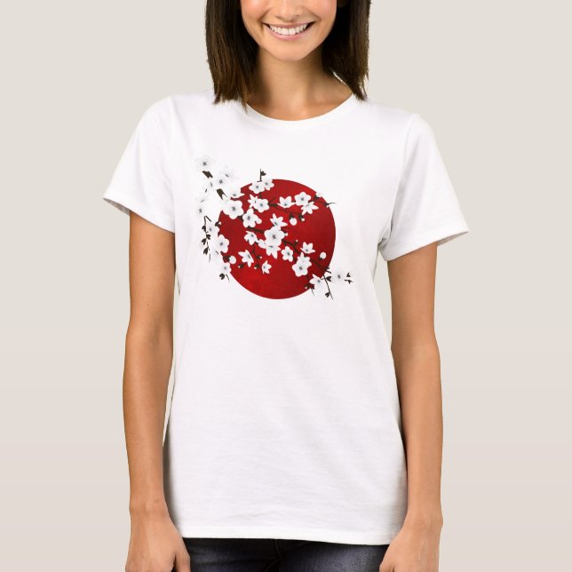 Cherry Blossom Red Black White Rising Sun T-Shirt (Front)
