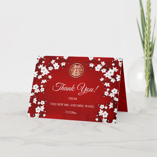 Cherry Blossom Red Chinese Wedding Photo Thank You (Front)