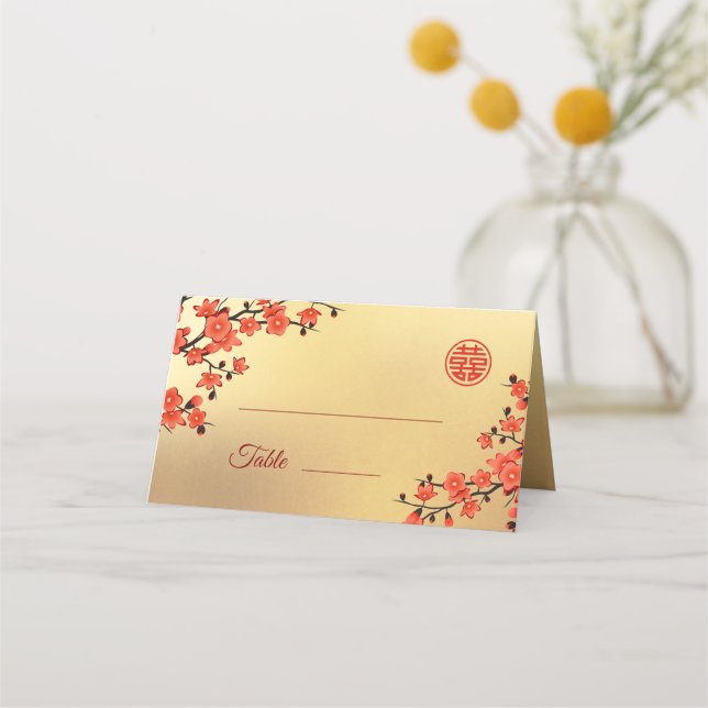 Cherry Blossom Red Gold | Chinese Wedding Place Card (Front)