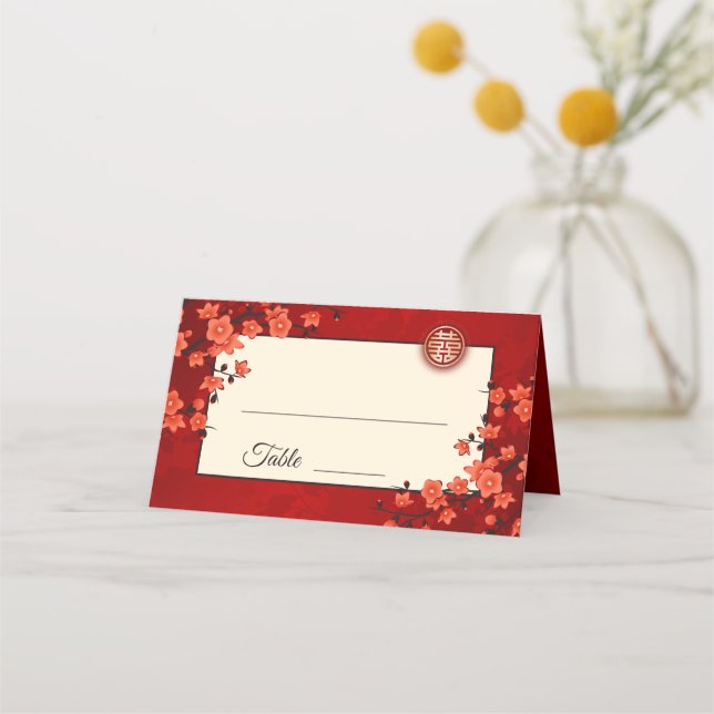 Cherry Blossom Red Gold | Chinese Wedding Place Card (Front)