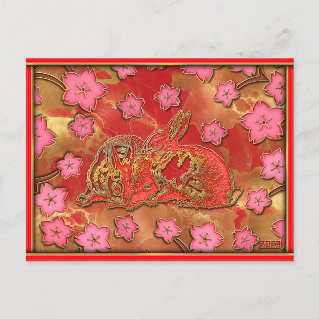 Cherry Blossom Red Gold Rabbit Chinese New Year Holiday Postcard (Front)