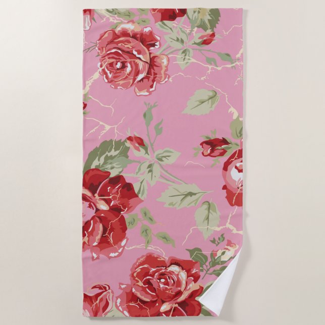 Cherry blossom red rose beach towel (Front)