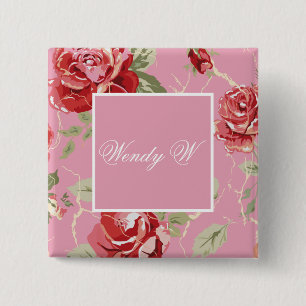 Cherry blossom red rose flower 15 cm square badge