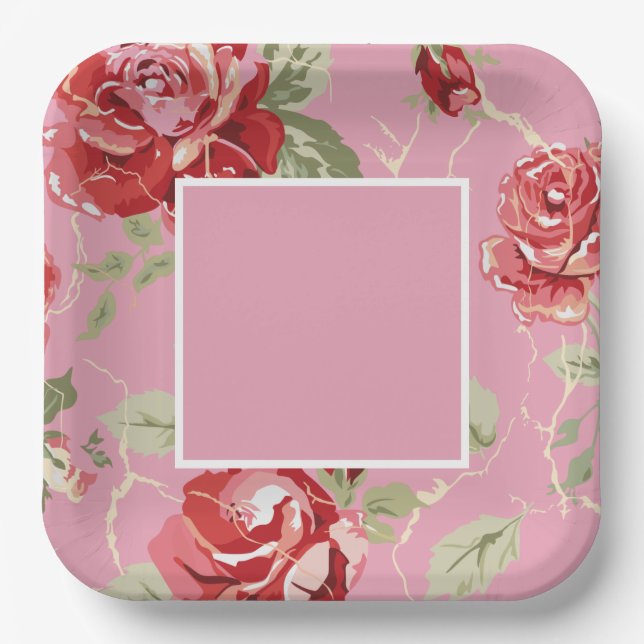 Cherry blossom red rose flower paper plates (Front)