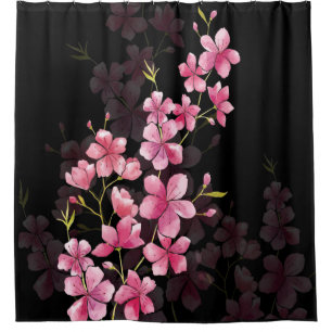 Cherry Blossom Reflections on Black Shower Curtain