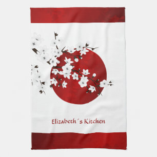 Cherry Blossom Rising Sun Red Black White Monogram Tea Towel