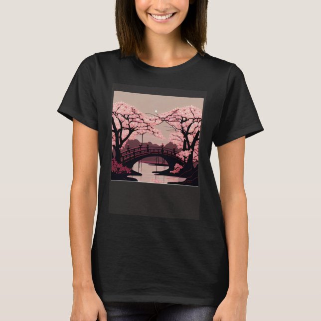 Cherry Blossom River and Bridge Artwork Stunning G T-Shirt (Front)