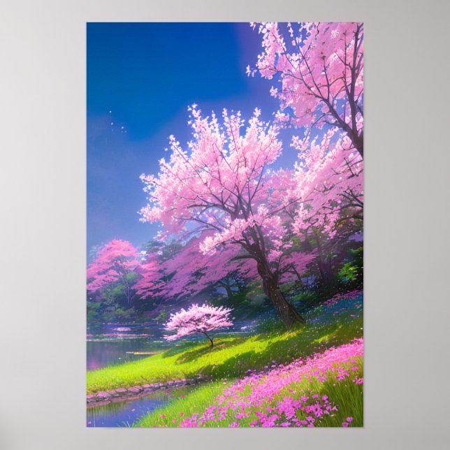 Cherry Blossom Riverbank Poster (Front)