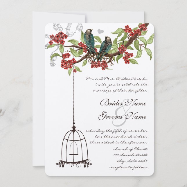 Cherry Blossom Romantic Birds & Birdcage Weddings Invitation (Front)