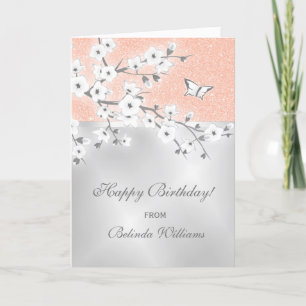Cherry Blossom Rose Gold Glitter Silver Birthday Card