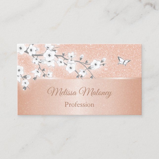 Cherry Blossom Rose Gold Grey Business Card (Front)